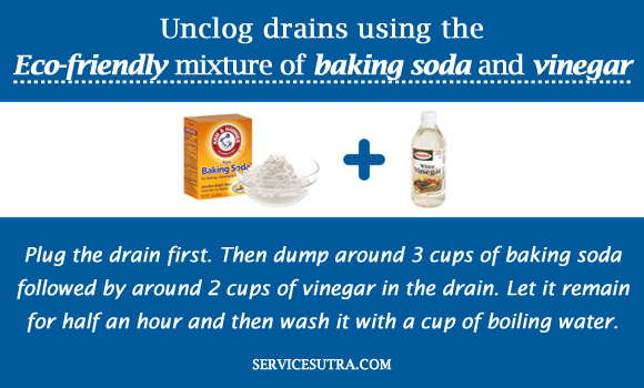 Unclog drains using the Eco-friendly mixture of baking soda and vinegar