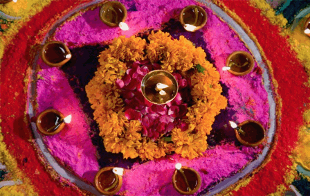 Diwali Decorations with Rangoli and Diyas at home